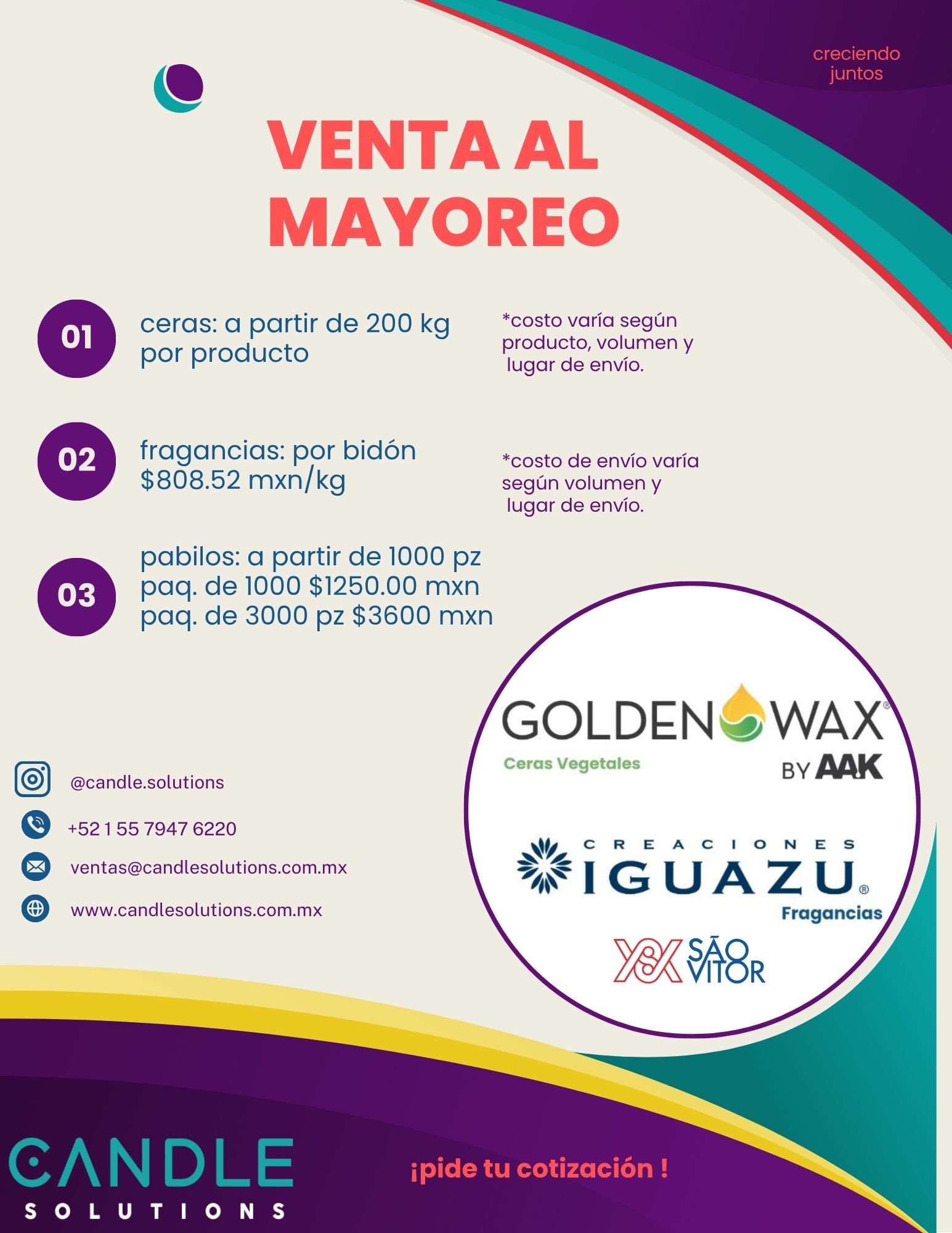 Venta al mayoreo de ceras, fragancias y pabilos.