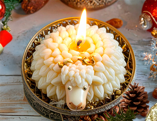 Vela en forma de cordero con rostro y fuego, perfecta para decoración navideña y eventos especiales.